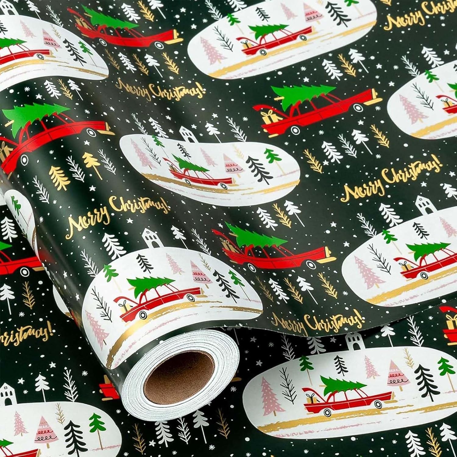 Homeral Christmas Wrapping Paper Roll with Red Cars, Trees and Snowflakes Design, Green Gift Wrap for Christmas, New Year Celebration, Holiday - Mini Roll - 17 Inch x 33 Feet 17in*32.8ft(46.8sq.ft.) Red Car and Green Trees