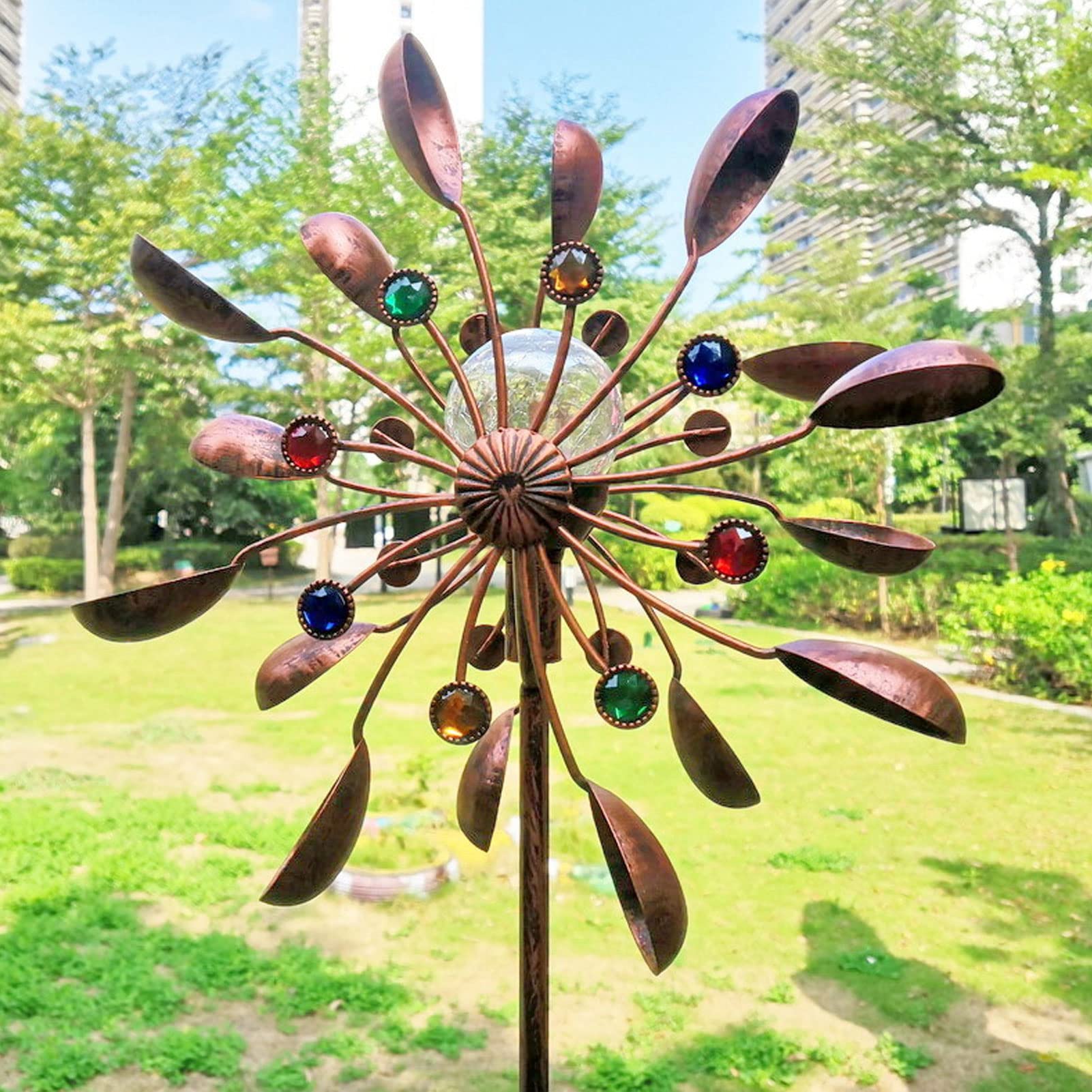 RXMORI Solar Wind Spinners, Solar Wind Turner Garden Wind Wheel Outdoor Metal Stake Yard Spinners Multi Color LED Lights Garden Wind Catcher Windmill for Courtyard
