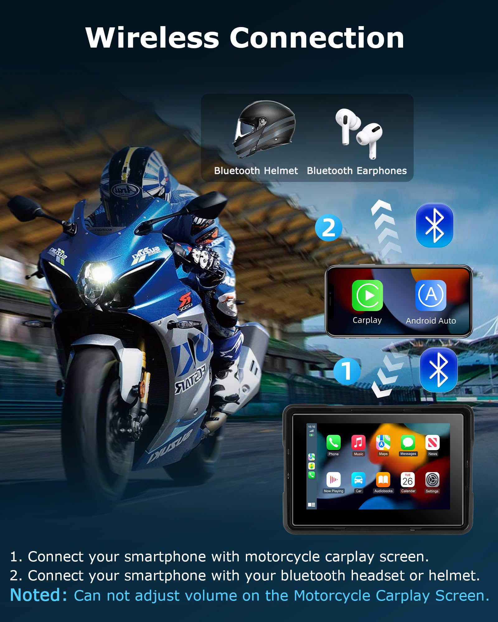 Jansite Motorcycle Carplay Screen 5 inch Wireless Carplay Motorbike Android Auto, Dual Bluetooth Waterproof Motorcycle Sat Nav Siri/G0ogle Assistant - 5