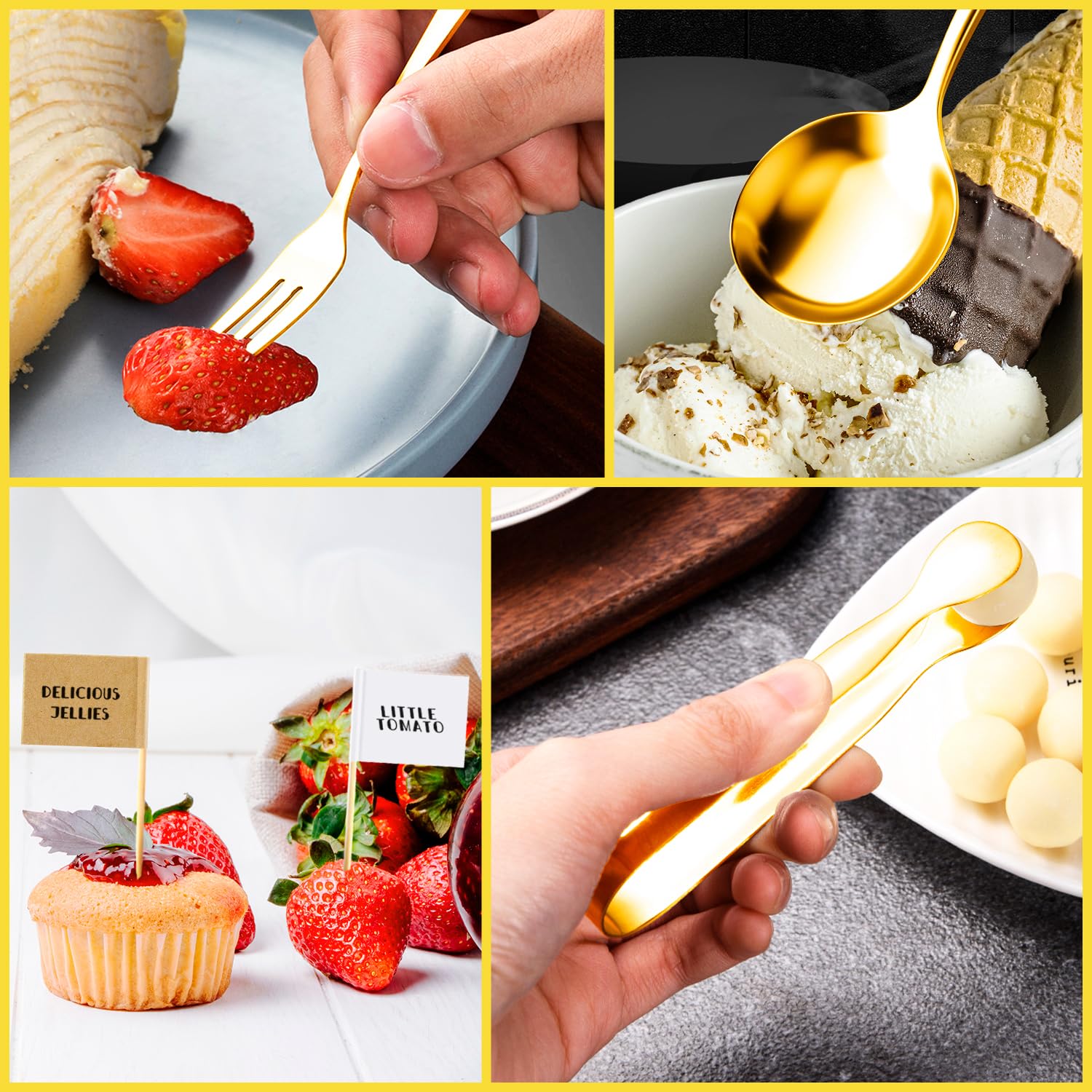 Accesorios para tablas de charcutería, utensilios de charcutería dorados, juego de cuchillos esparcidores de mantequilla de queso con asas de madera, pinzas pequeñas para servir, mini tenedores y