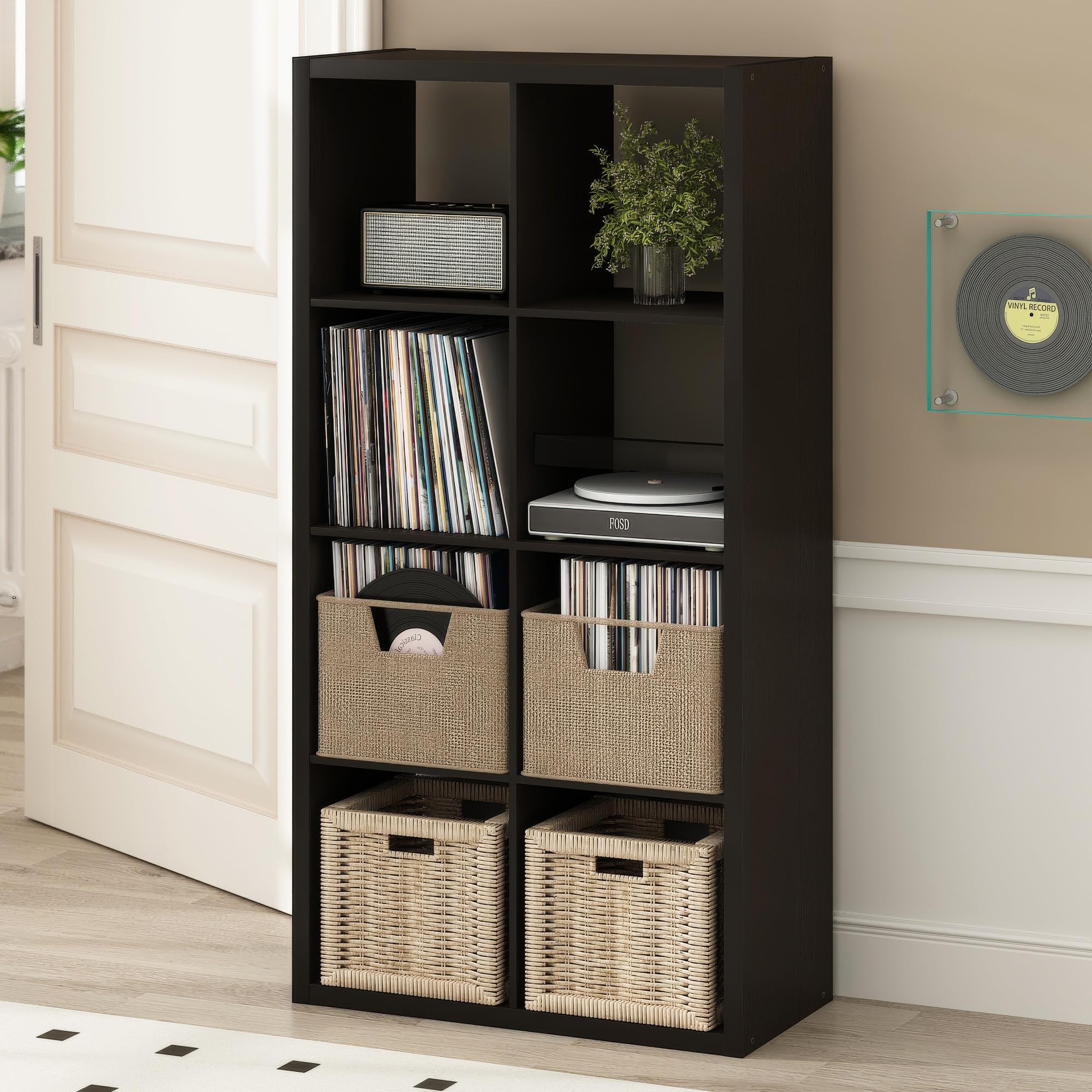 Furinno Cubicle 8-Cube Record Player Stand, Vinyl Record Storage, Black Oak