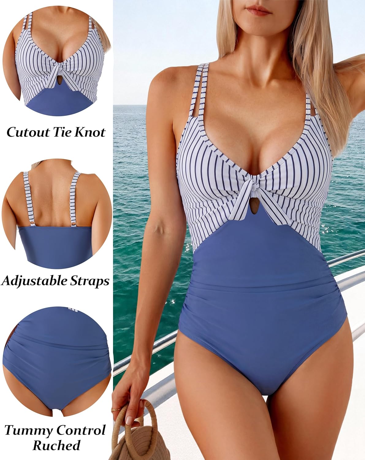 Women's One Piece Swimsuits Tummy Control Cutout Tie Knot Bathing Suits Slimming High Waisted V Neck Swimwear - Image 5