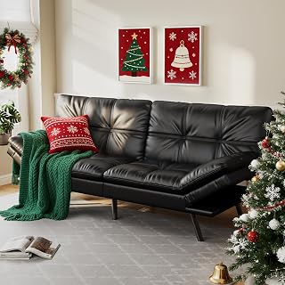 71" Convertible Futon Sofa Bed,Faux Leather Futon Couch Bed,Memory Foam Sleeper Sofa,Modern Folding Small Loveseat for Living Room,Office,Apartment,Bright Black