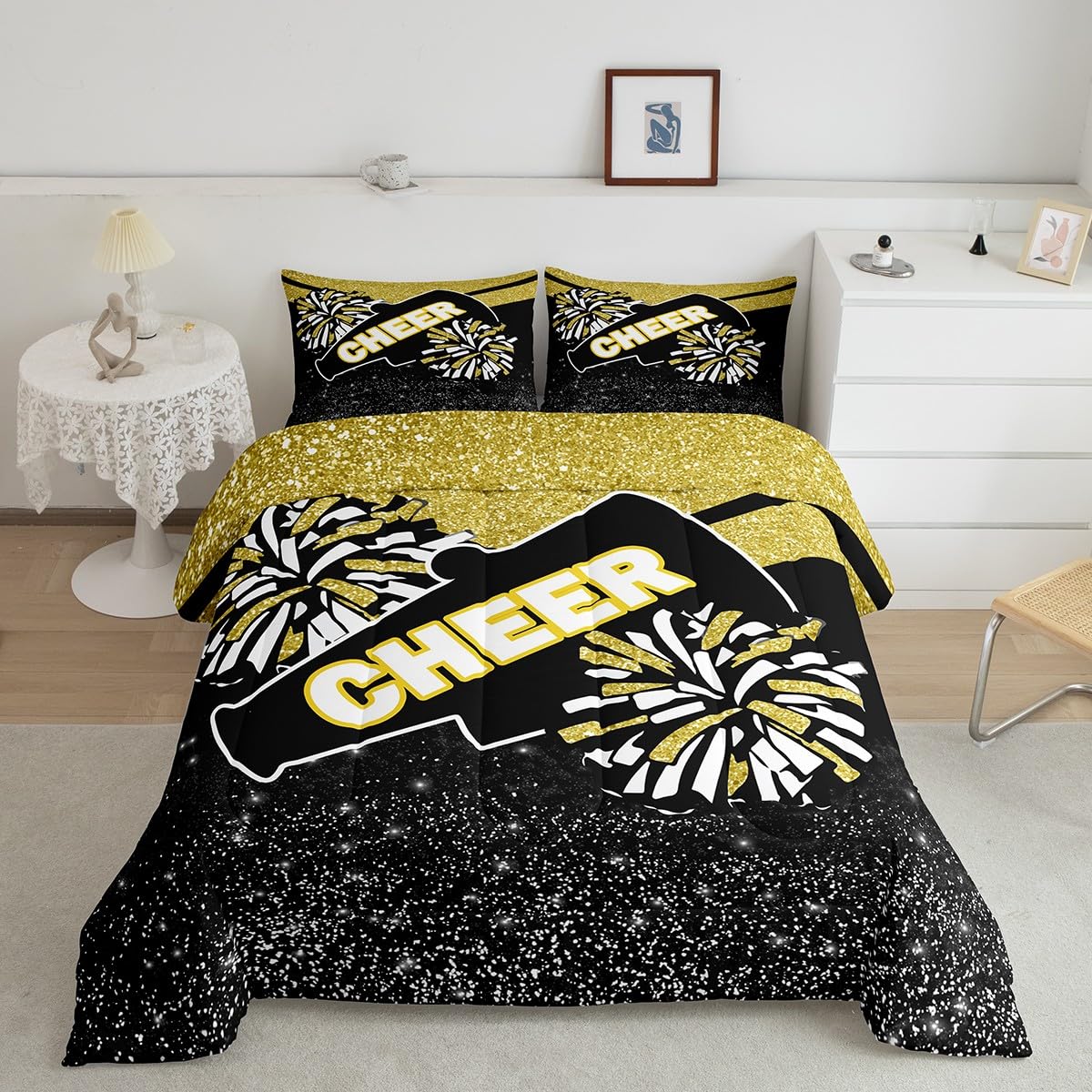 Feelyou Yellow Glitter Cheer Comforter Set Dreamy Girly Gymnastic Sports Comforter for Kids Boys Girls Gymnastics Lovers Bedding Set Cheer Sports Duvet Set Room Decor Quilt Set Full Size