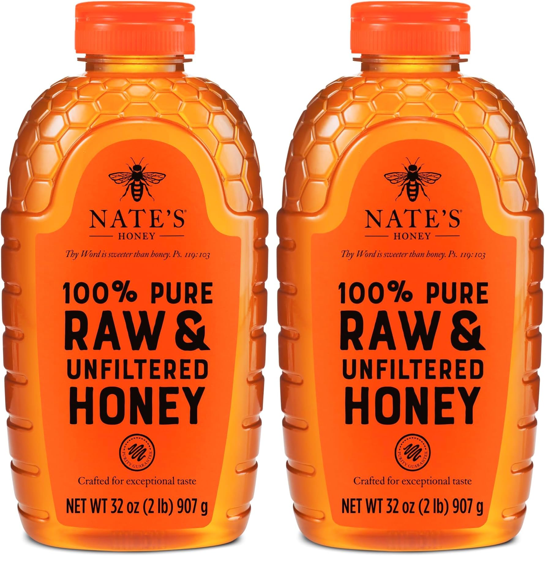 Nate's 100% Pure, Raw & Unfiltered Honey - Award-Winning Taste, 32oz. Squeeze Bottle (Pack of 2)