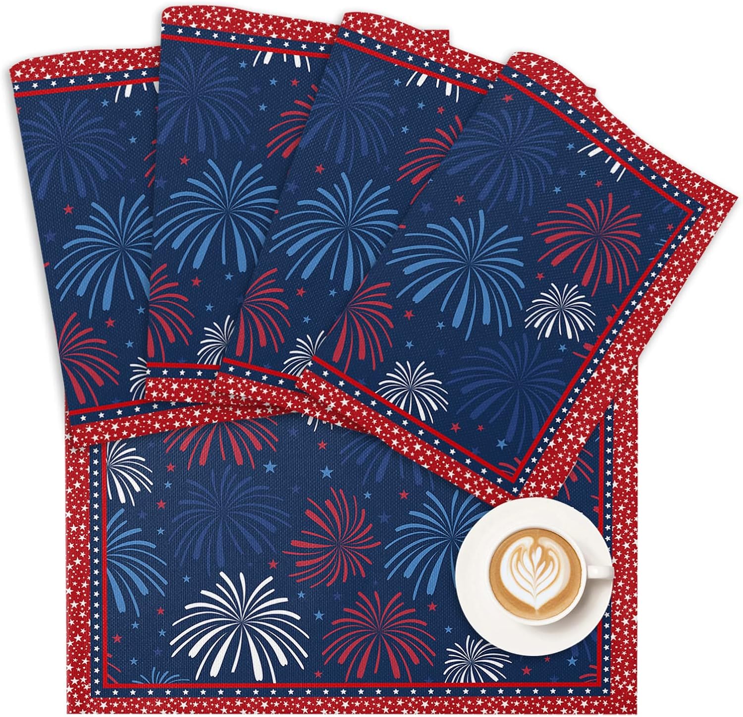 Patriotic Placemats 4th of July Stars Firework Place Mats for Dining Room Dinner Table Blue Red Washable Table Mats Independence Day Memorial Day Kitchen Decorations Set of 6