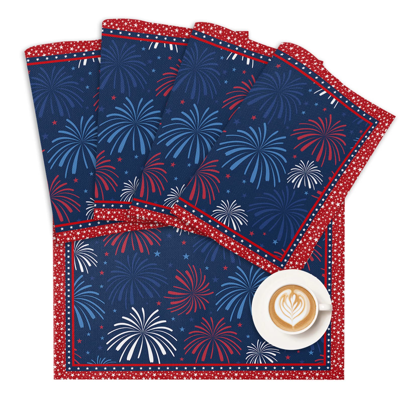 4th of July Placemats Patriotic Stars Firework Place Mats for Dining Room Dinner Table Blue Red Washable Table Mats Independence Day Memorial Day Kitchen Decorations Set of 4