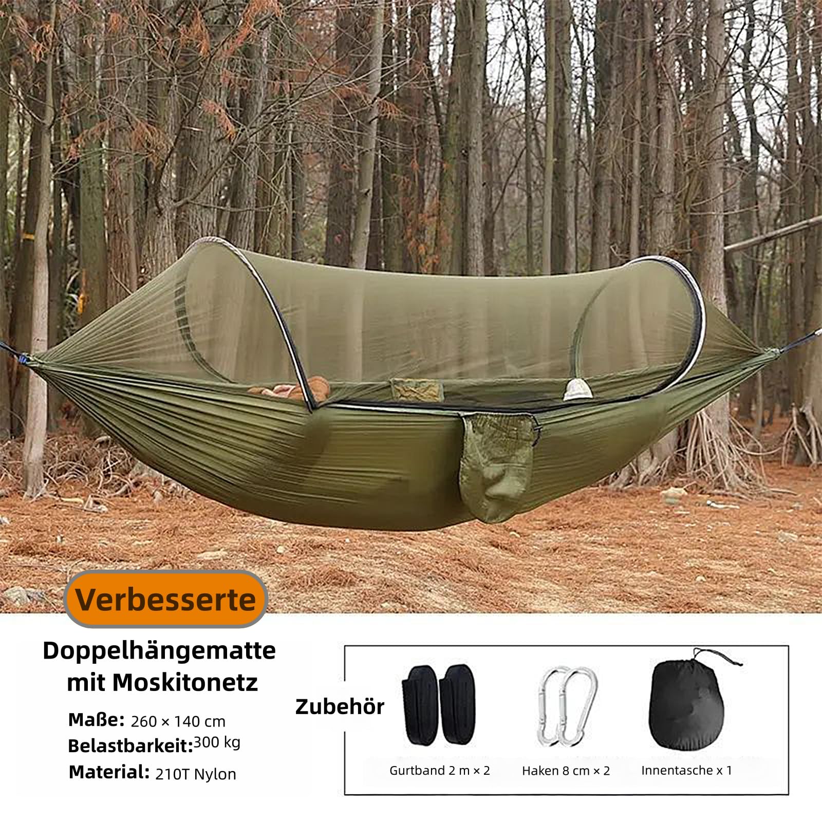 Hängematte 260 x 140cm, Camping Hängematte mit Moskitonetz, max. 300 kg, Fallschirm Nylon, mit Befestigungsgurten & Karabinern für Outdoor Wandern Rucksackreisen (Rosa/Blau)