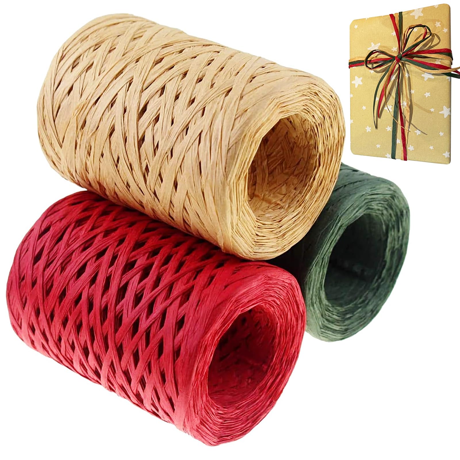 Yeelua Raffia Ribbon 3 Rolls, 300m Packing Ribbon Craft Matte Raffia Natural Paper for Mother's Day Christmas Birthday Gift Wrapping, Craft DIY Supply, Wrapping Hanging Tags, Decoration (984 Feet