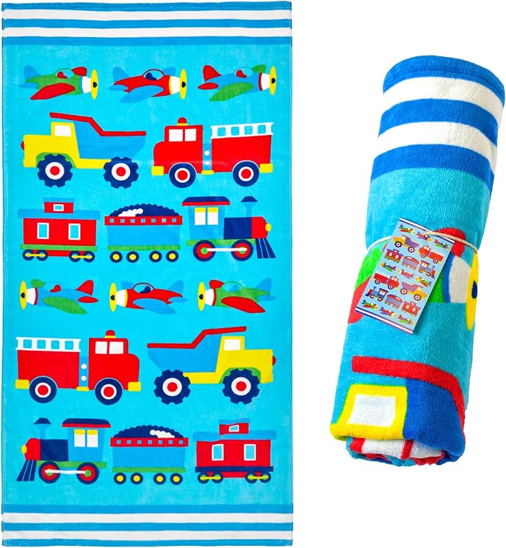 Wildkin Kids 64 x 32 Inch Beach Towel for Boys & Girls – 100% Cotton, Soft & Absorbent Pool & Beach Towel for Bath, Beach & Outdoor Use, Easy to Carry, Ages 3+ – Trains, Planes and Trucks