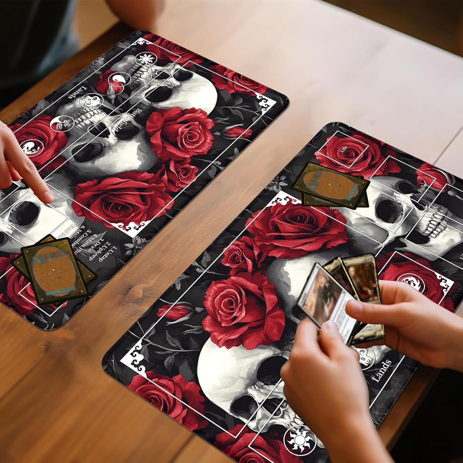 MTG Playmat with Zones 24x14 Inch – Trading Card Game Mat for Magic The Gathering,Commander Playmat with Storage Bags,TCG Card Battle Mat,Skull and Red Roses