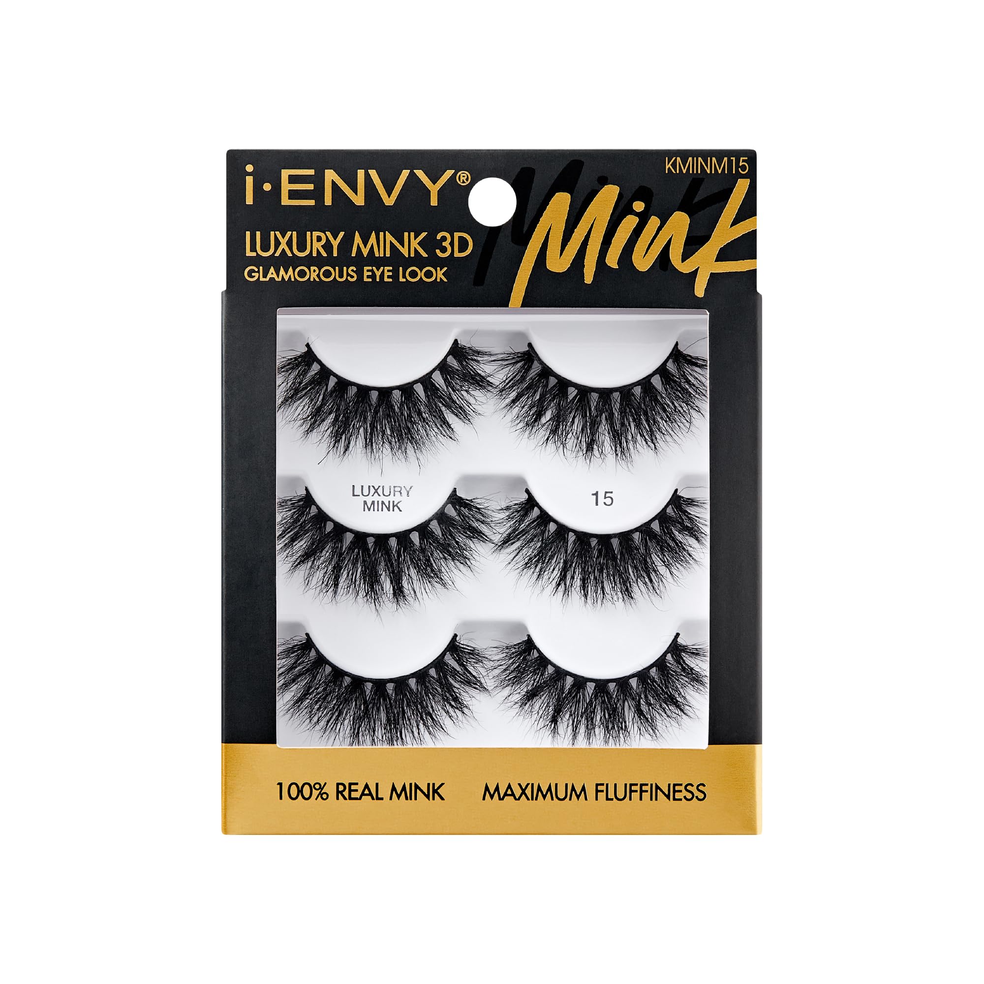 i-ENVY False Lashes, Mink 3D Lashes Value Pack Real Mink Maximum Fluffy Wispy Luxury Glamorous Natural Look Reusable Eyelashes (15)