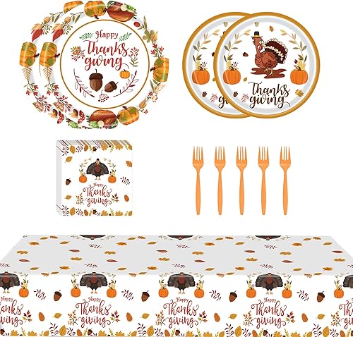 65 piezas de vajilla de Acción de Gracias, suministros de mesa para fiesta de Acción de Gracias, pavo, calabaza, hojas de arce, juego de vajilla
