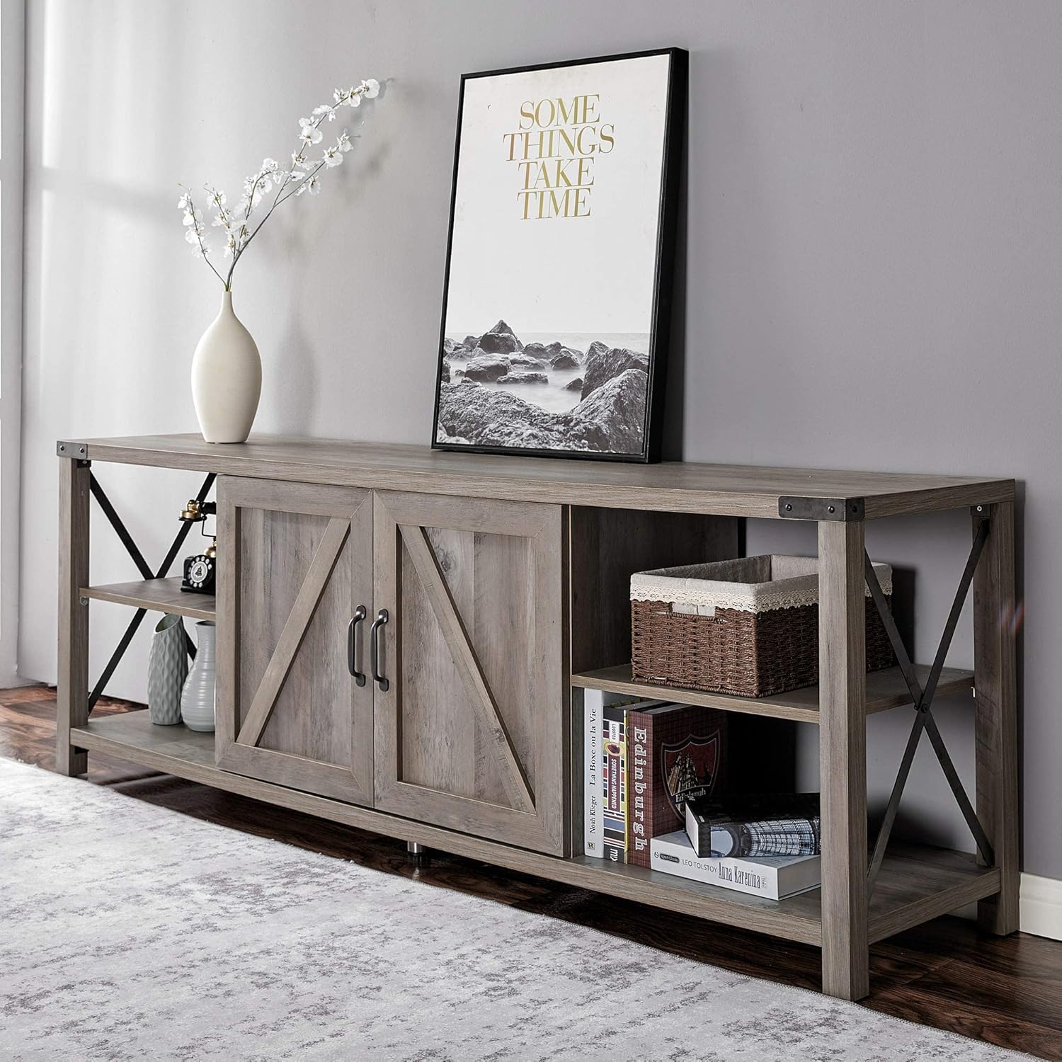 Amerlife 4-Piece Living Room Table Set - Includes TV Stand, Coffee Table, & Two End Tables for Farmhouse - Grey Wash : Home & Kitchen