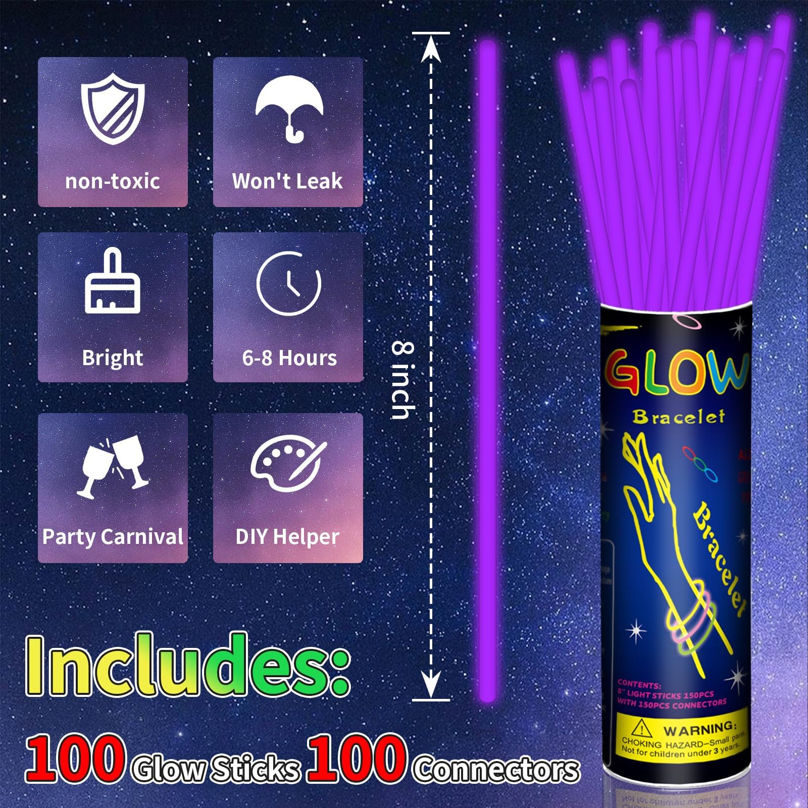 Paquete de 100 varillas brillantes de 8 pulgadas con 100 conectores, suministros de fiesta de neón que brillan en la oscuridad, para decoración de Navidad, fiestas, carnaval (morado)