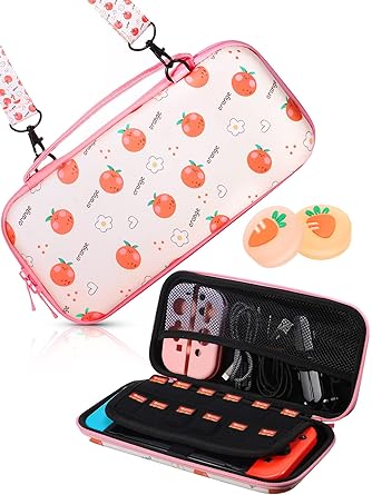 Orange Fruit Patterns Protective Carry Case Portable Hard Travel Case with 2 Pieces Carrot Thumb Grip Caps Compatible with Nintendo Switch Accessories