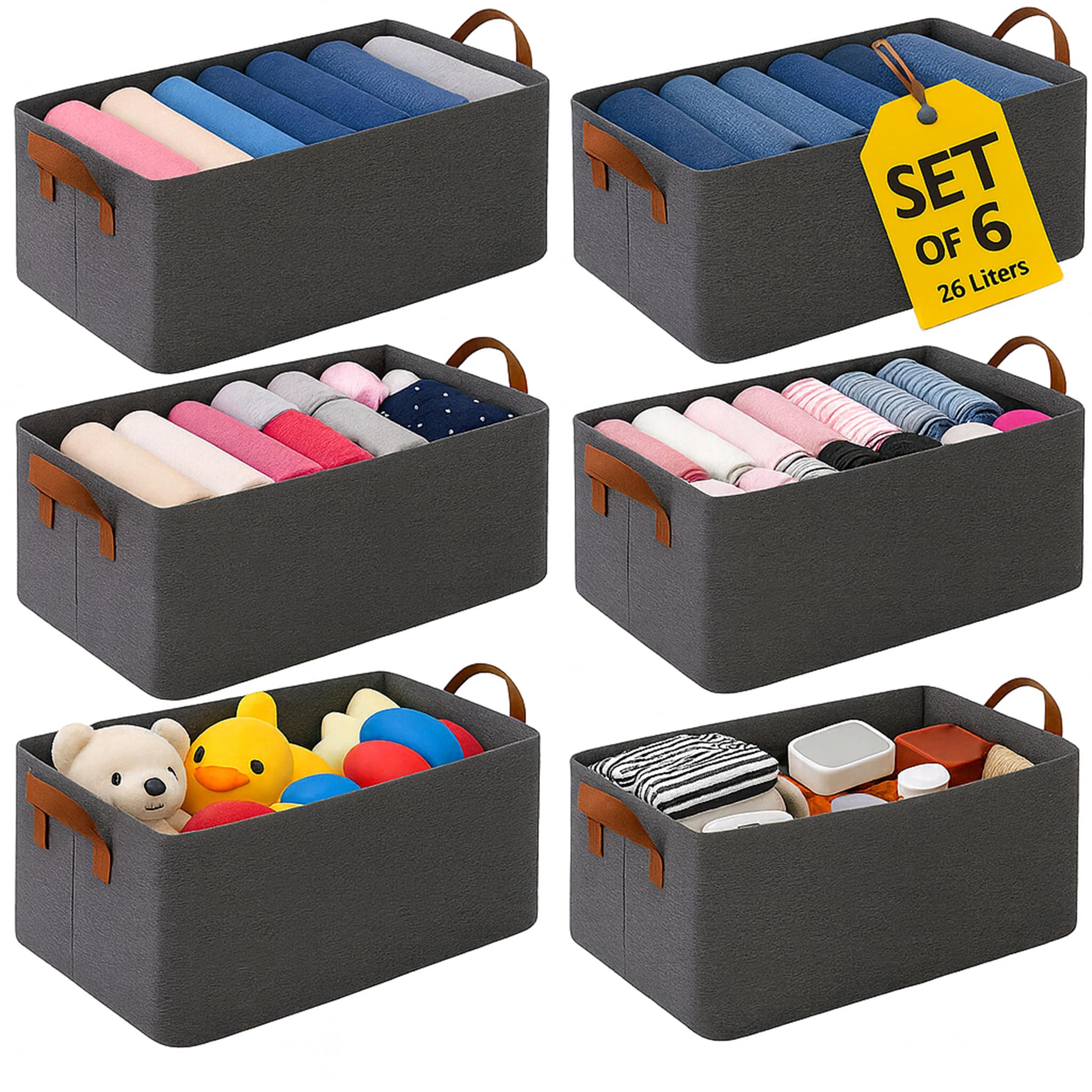 SHOPOPOYE Wardrobe organiser for storage, Pack of 6 - foldable cupboard organizer for clothes , dress organizer boxes for cupboard, storage box, basket,closet, almirah organizer (Pack of 6, Grey)