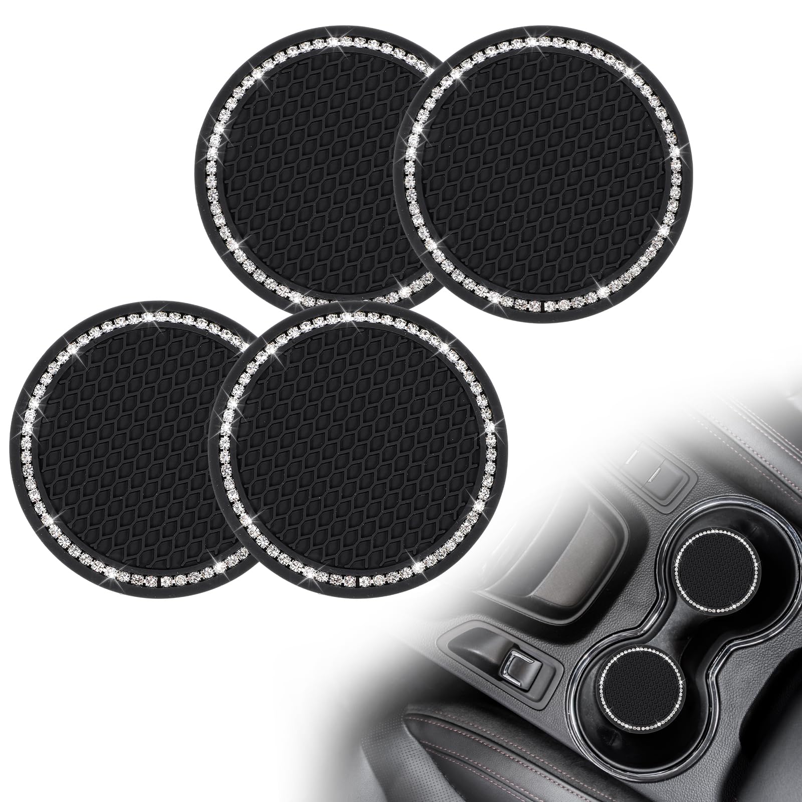 COMNICO Car Cup Coaster, 4Pcs Auto Car Cup Holder Insert Coasters Black Silicone Anti Slip Crystal Rhinestone Drink Car Cup Mat Embedded in Ornament Coaster Universal Vehicle Interior Accessories