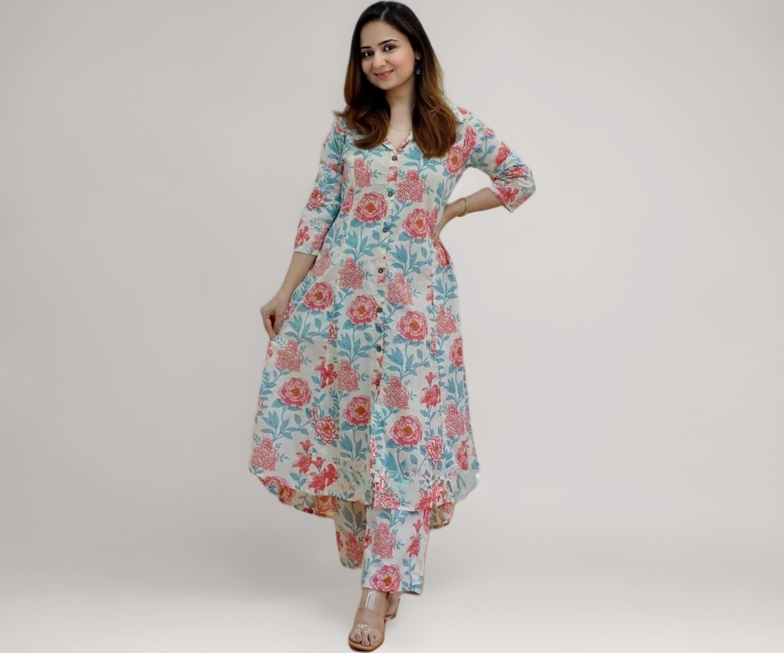 Leriya Fashion Women's Anarkali Rayon Floral Printed Kurta Pant Set | High-Low Hem & 3/4 Sleeves | Ethnic Co-ord for Festive & Casual Wear | Co ord Set For Women Stylish | 2 Piece Dress For Holiday Look & Puja