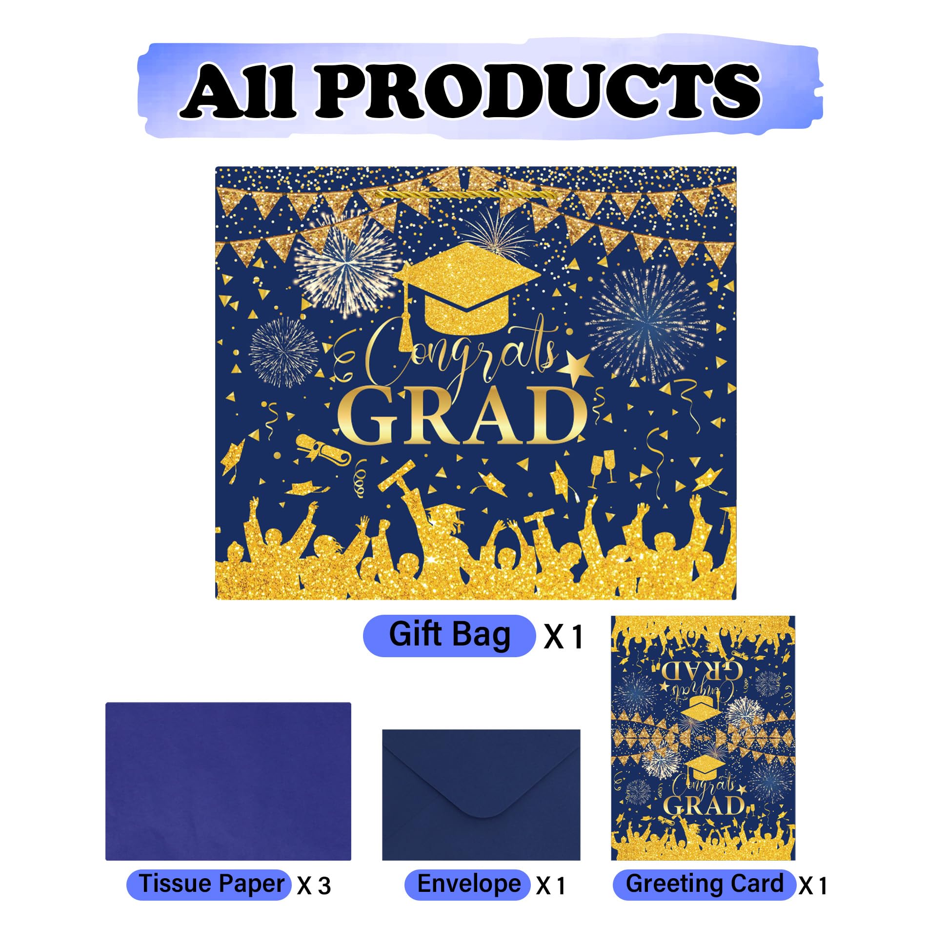 Congrats Gift Bag Class of 2026 - Graduation Gift Bag Blue and Gold Congrats Grad Bags with Card Tissue Paper Envelope Congratulations Gifts Bag for Men Women Student Teacher College Graduation 12 Inch