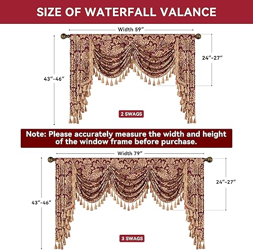 Miniatura 2 de Loom and Mill Cenefa de cascada de jacquard de lujo para sala de estar, cenefas clásicas florales de damasco con borlas, cortinas de festón rojo