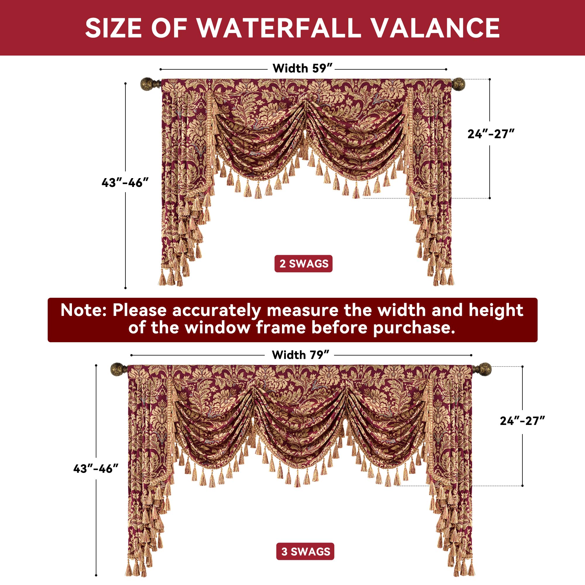 Loom and Mill Cantonnière en Jacquard pour Salon, cantonnière Classique à Motif Floral damassé avec Pompons, Rideaux pour fenêtre de Chambre à Coucher, décoration de Noël (200 cm, 1 Panneau)