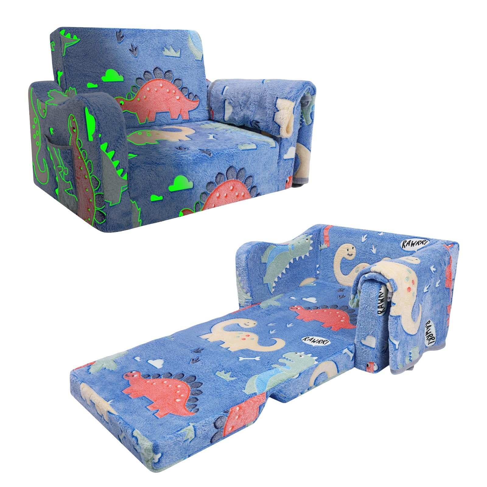 Divano Letto Per Bambini 2-in-1 - Trasformabile, Con Coperta, Luci Al Buio, Dinosauro - Foto 2