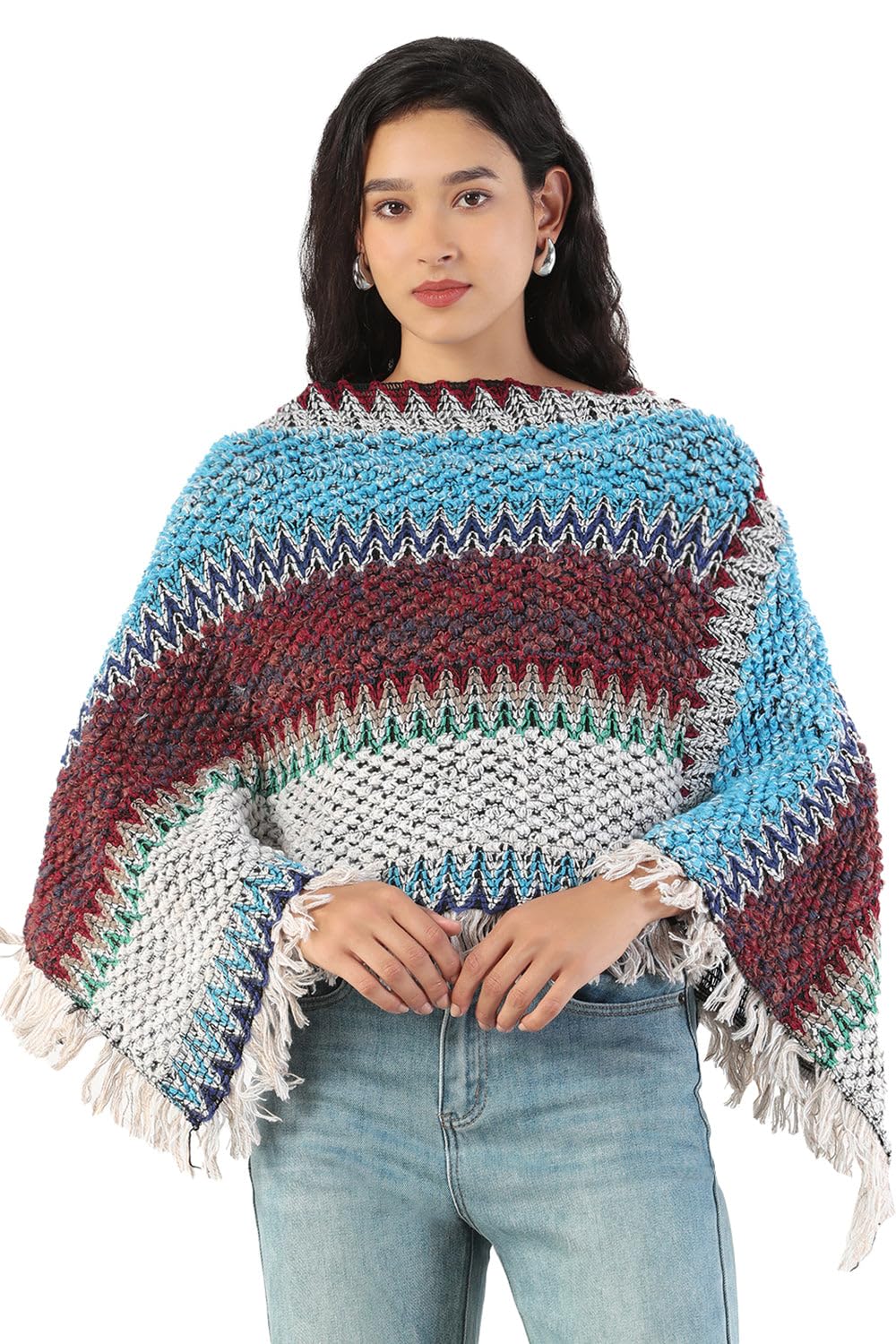 showoffff SHOWOFF Women's Round Neck Striped Multi Colored Poncho-CHN-029_Multi-picture-35