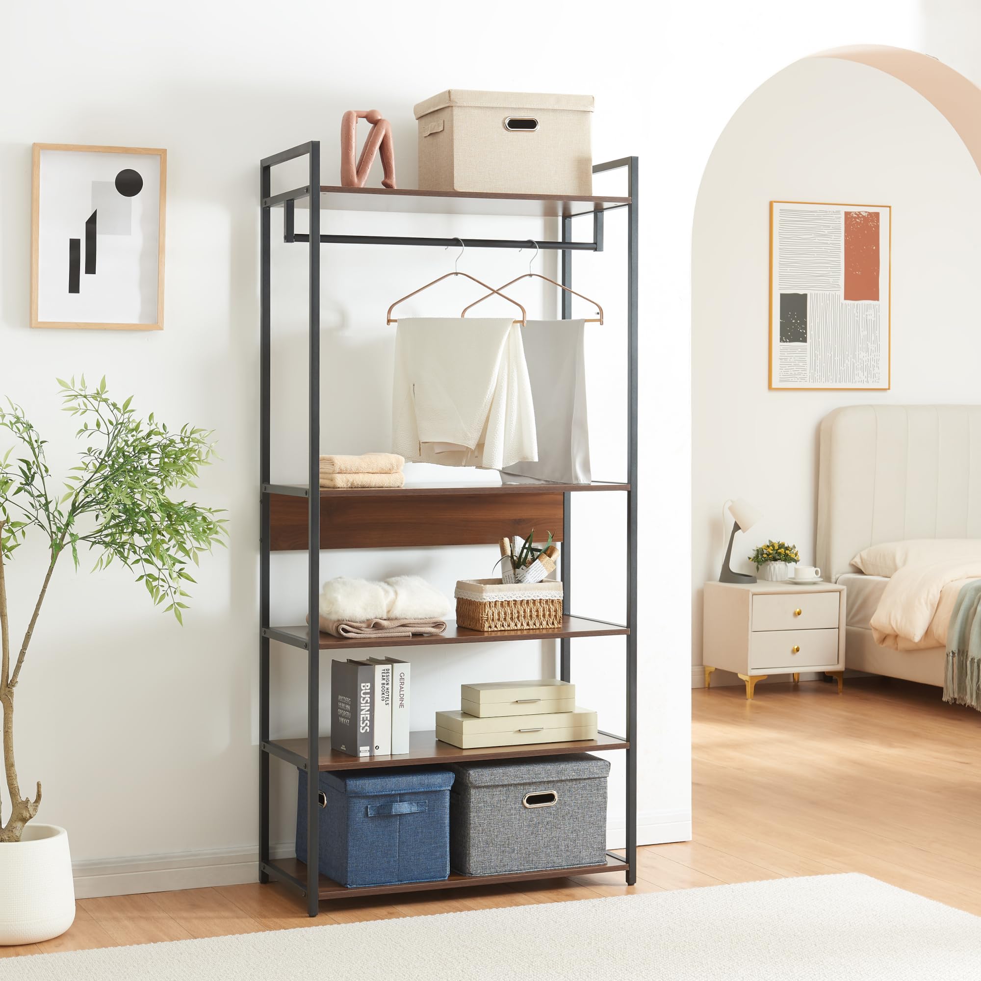 [en.casa] Set di 2 Mobili Organizzatori Guardaroba con Barre Appendiabiti Ripiani e 2 Cassetti Mobili Porta Abiti per Camera da Letto Cabina Armadio - Nero/Effetto Noce