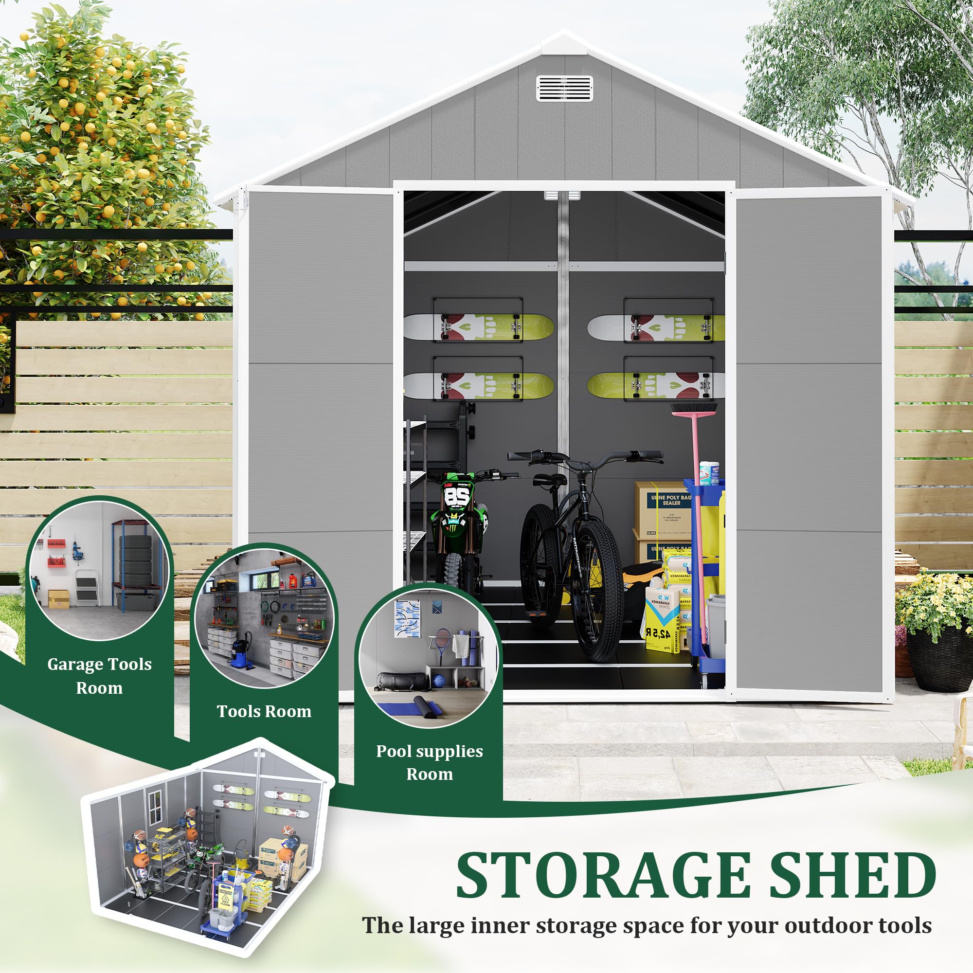 8x10 FT Outdoor Storage Shed With Floor & Lockable Door - Waterproof Resin Tool Shed For Garden, Bikes, Equipment