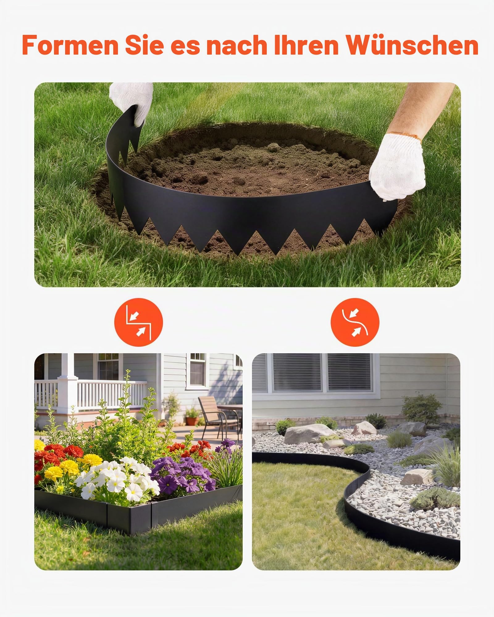 VEVOR Rasenkante 6er-Pack 1016x203 mm, Beeteinfassung mit 6 Befestigungsclips, Biegsame Rasenbleche aus Verzinktem Stahl, Mähkante, Palisade Beetumrandung für Blumenbeete & Gartenwege, Schwarz
