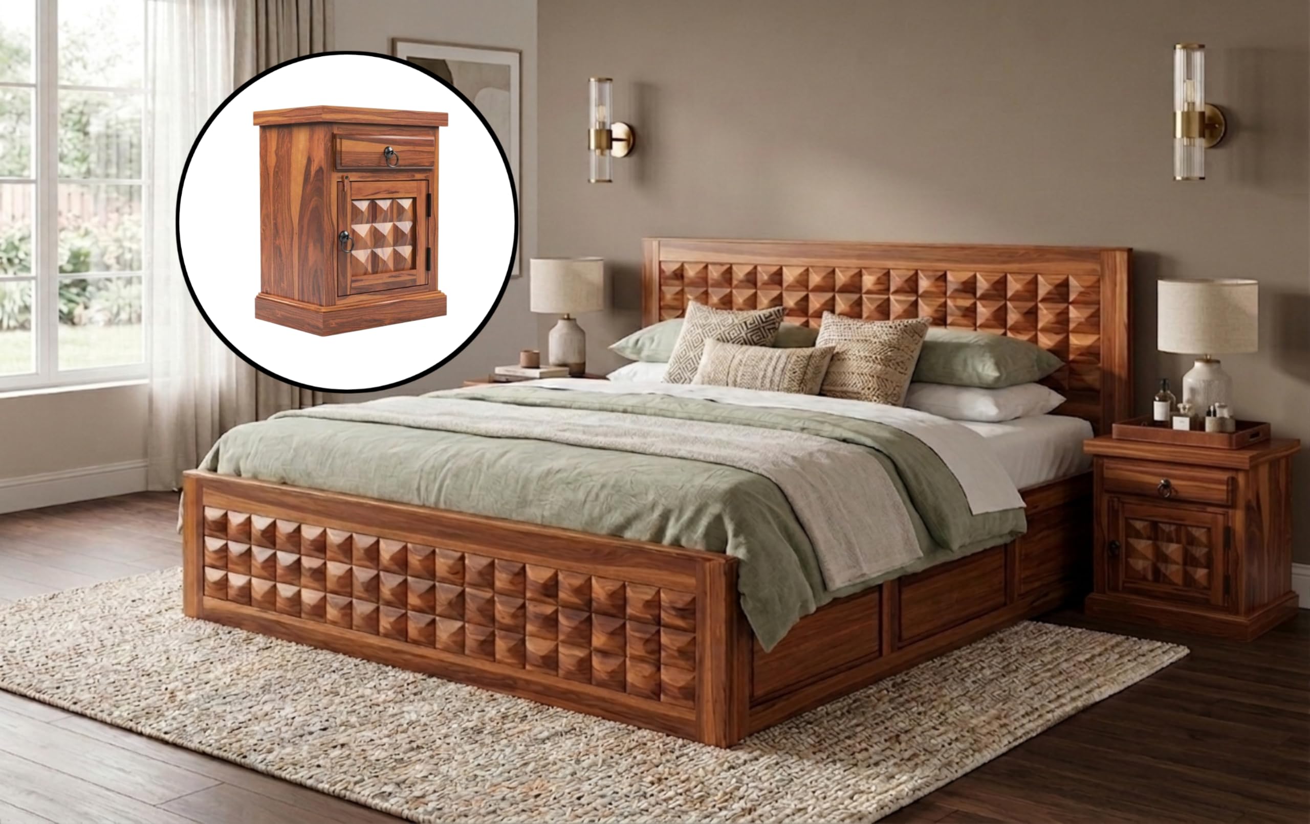 Diamond Solid Sheesham Wood Queen Size Bed with Storage & Bedside|Wooden Box Queen Size Double Cot Bed with Storage Box+2 Side Tables for Home, Bedroom,Living Room,Hotel|Honey Finish-image-27