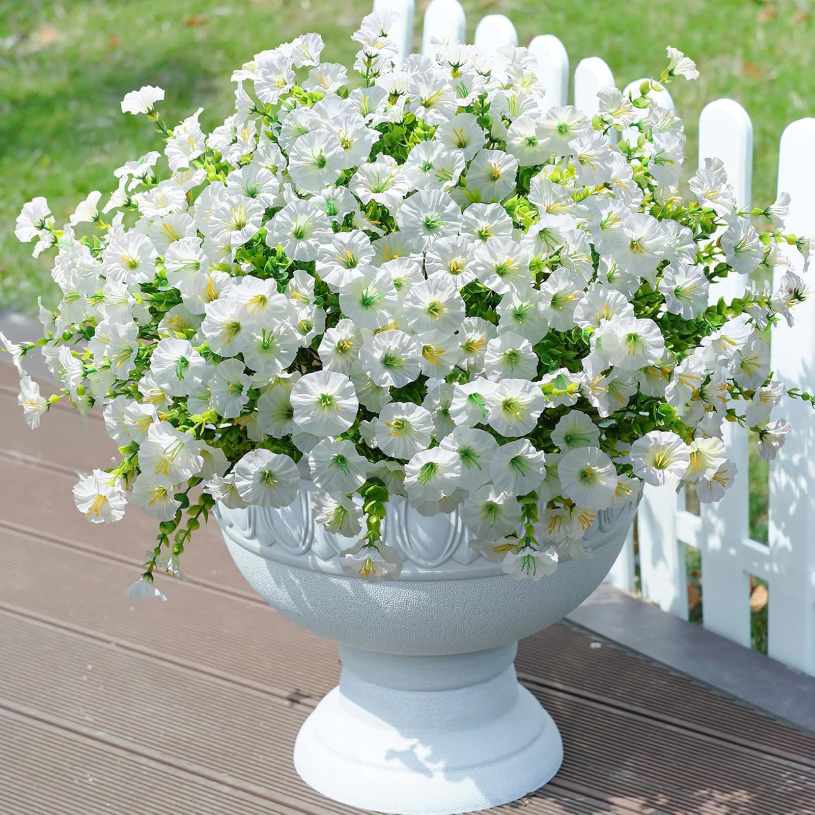 Regallop Artificial Outdoor Flowers Fake Plants, 12 Bundles Silk Morning Glory Eucalyptus Realistic Colorful Faux Flowers for Outside Planter Porch Yard Patio Balcony (white)