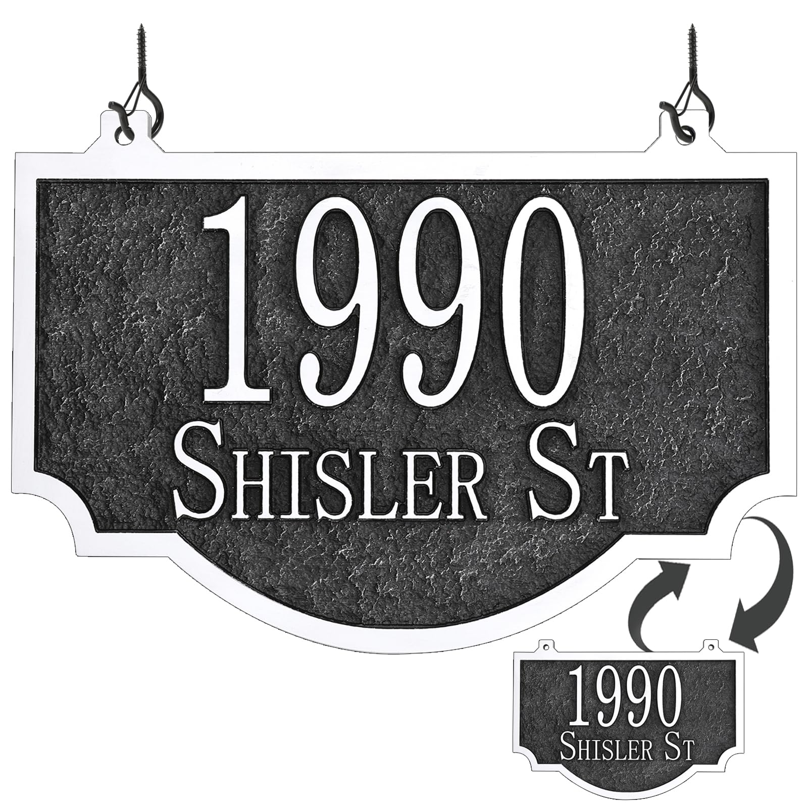 Hanging Address Sign Plaque - Reflective Mailbox Number Sign Plaque for Outside,Mailbox Post,Lamp Post - Double Sided Personalized Address Sign Plaque Thick Metal Two Screw-In Hooks for Easy Installation 9.8'' x 6.8''(Silver)