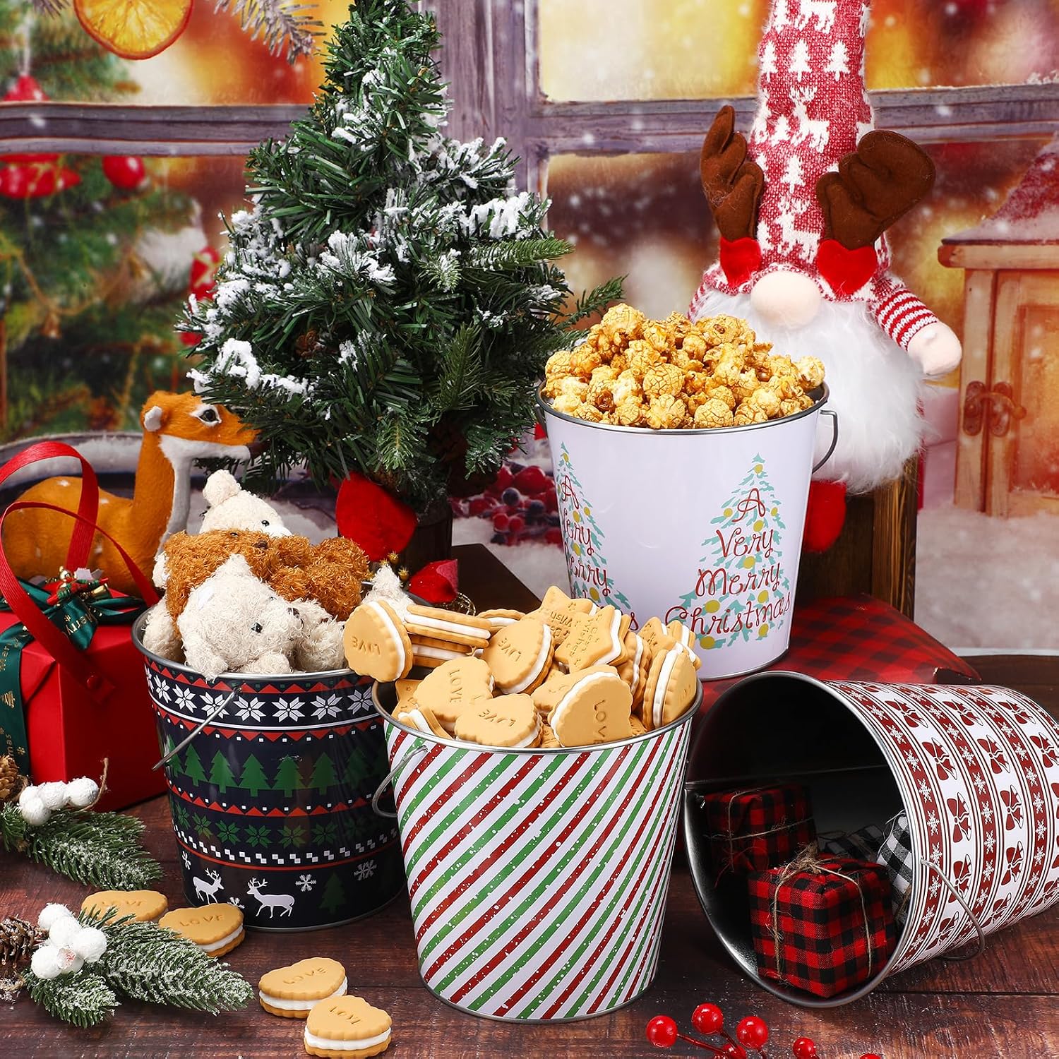 Sliner 24 Pcs 6.2" x 5.8" Large Christmas Metal Buckets Bulk Xmas Galvanized Metal Buckets with Handle Christmas Decorative Gift Bucket for Cookies Candy Snack Christmas Party Favors