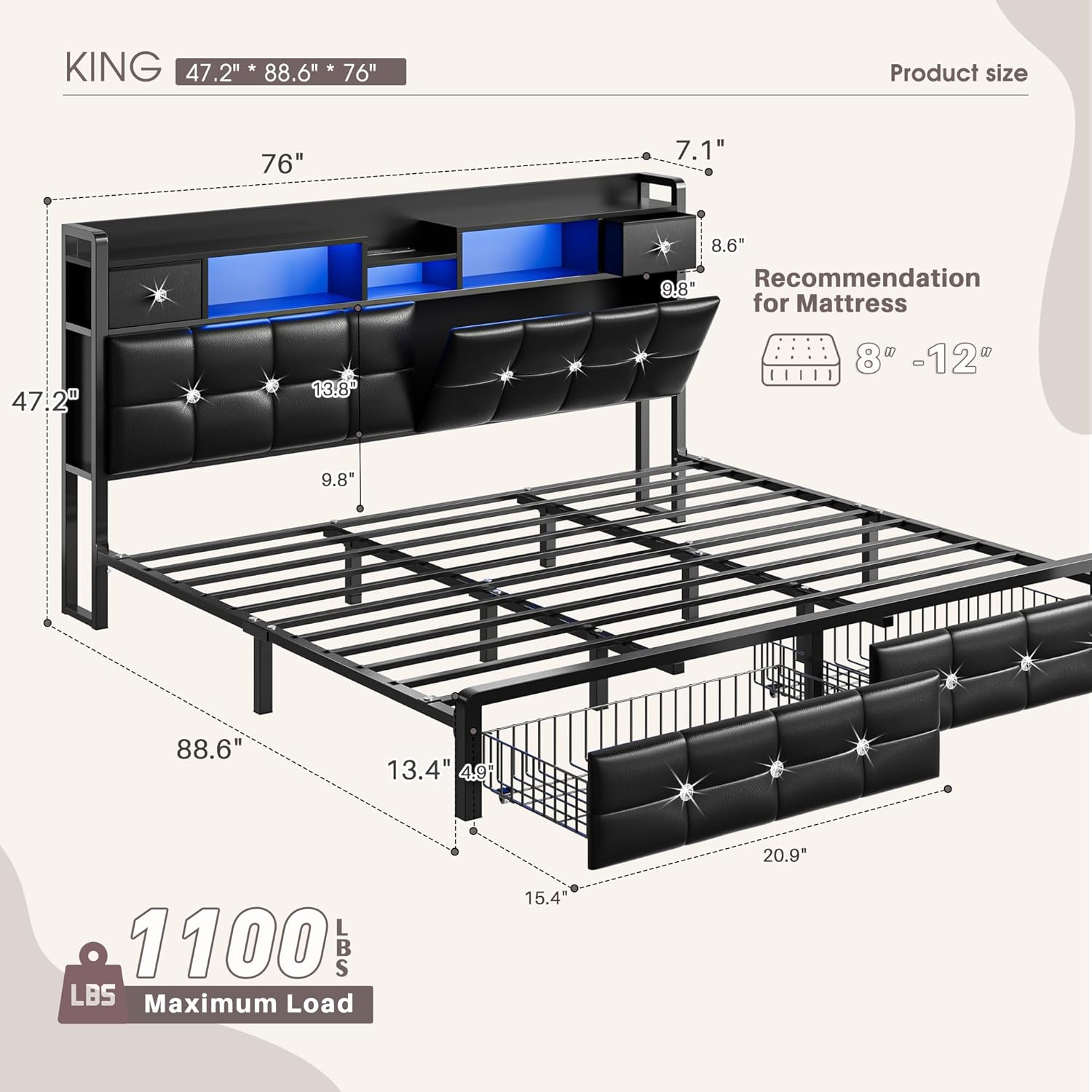 King Size Bed Frame and Hidden Storage Headboard & 4 Drawers,Diamond-Tufted Upholstered Leather King Platform Bed Frame with LED Lights & Charging Station,No Box Spring Needed,Modern Black