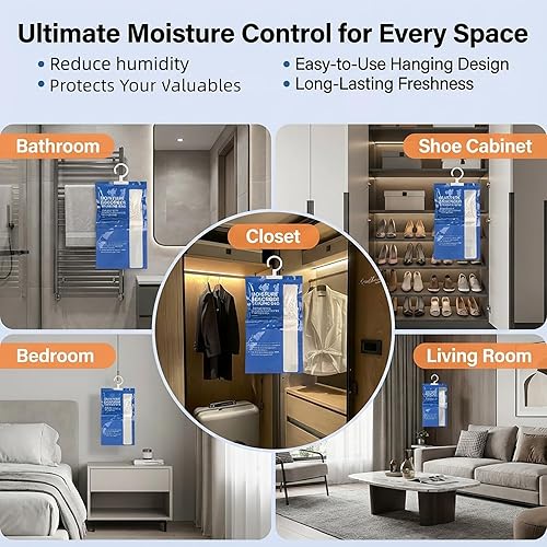 Miniatura 6 de Bolsas deshumidificadoras colgantes absorbentes de humedad – 4 paquetes de deshumidificadores para el hogar, armario, baño, sótano, bolsa colgante