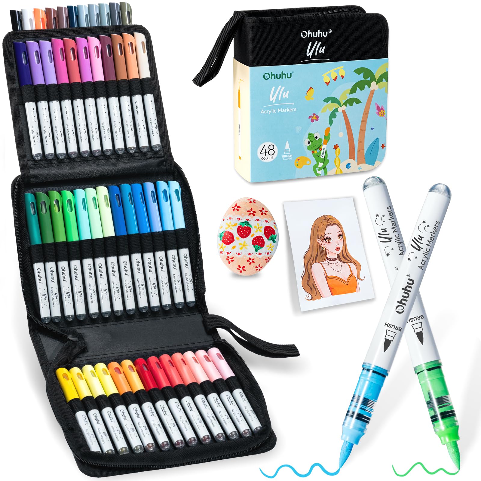 Ohuhu Rotuladores Acrílicos Punta de Pincel 48 Colores: Control Automático de Tinta, Alta Opacidad, Impermeables y Resistentes a la Luz para Piedra, Huevos de Pascua, Madera y Manualidades DIY - Ulu