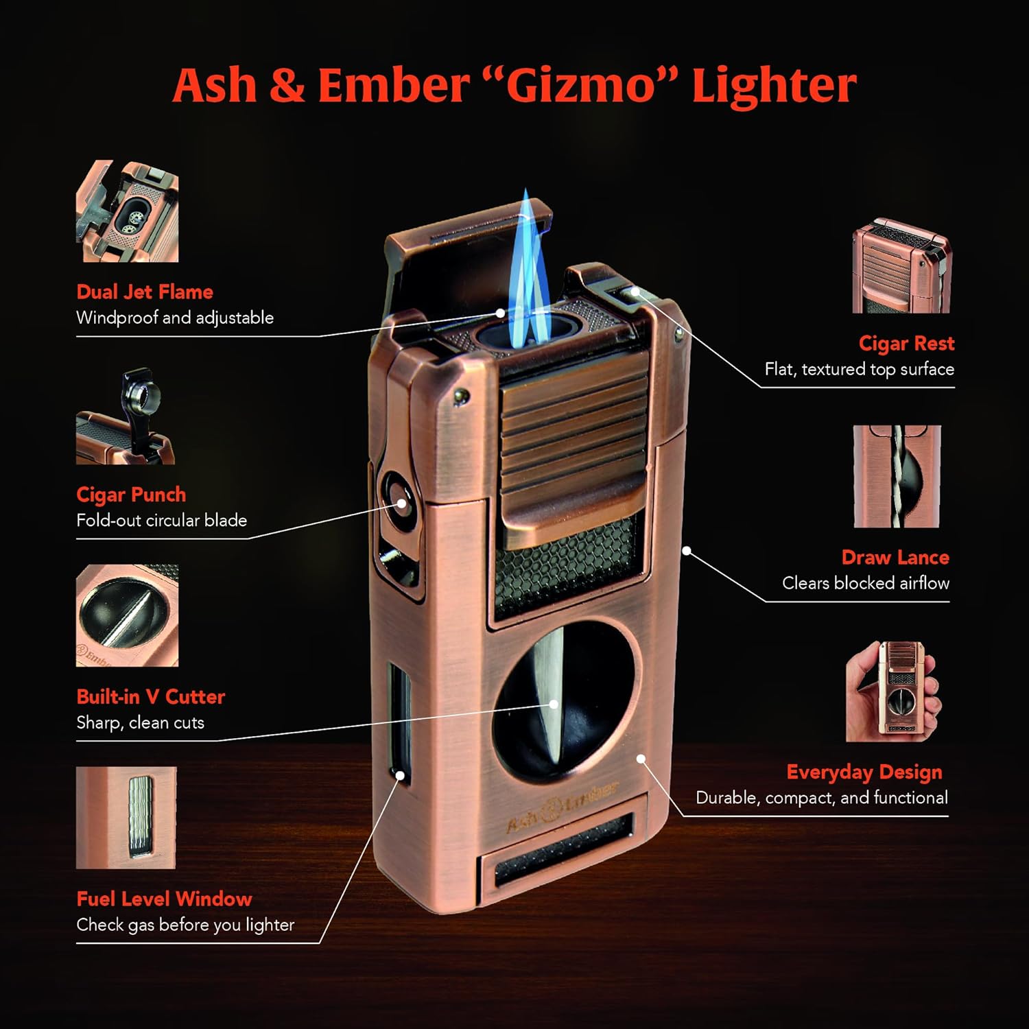 “Gizmo“ 4-in-1 Cigar Multi-Tool Lighter – Dual Jet Torch with V-Cutter, Punch, Draw Lance & Rest, Butane Refillable, Windproof, Adjustable Flame, Gift Box – Ash & Ember
