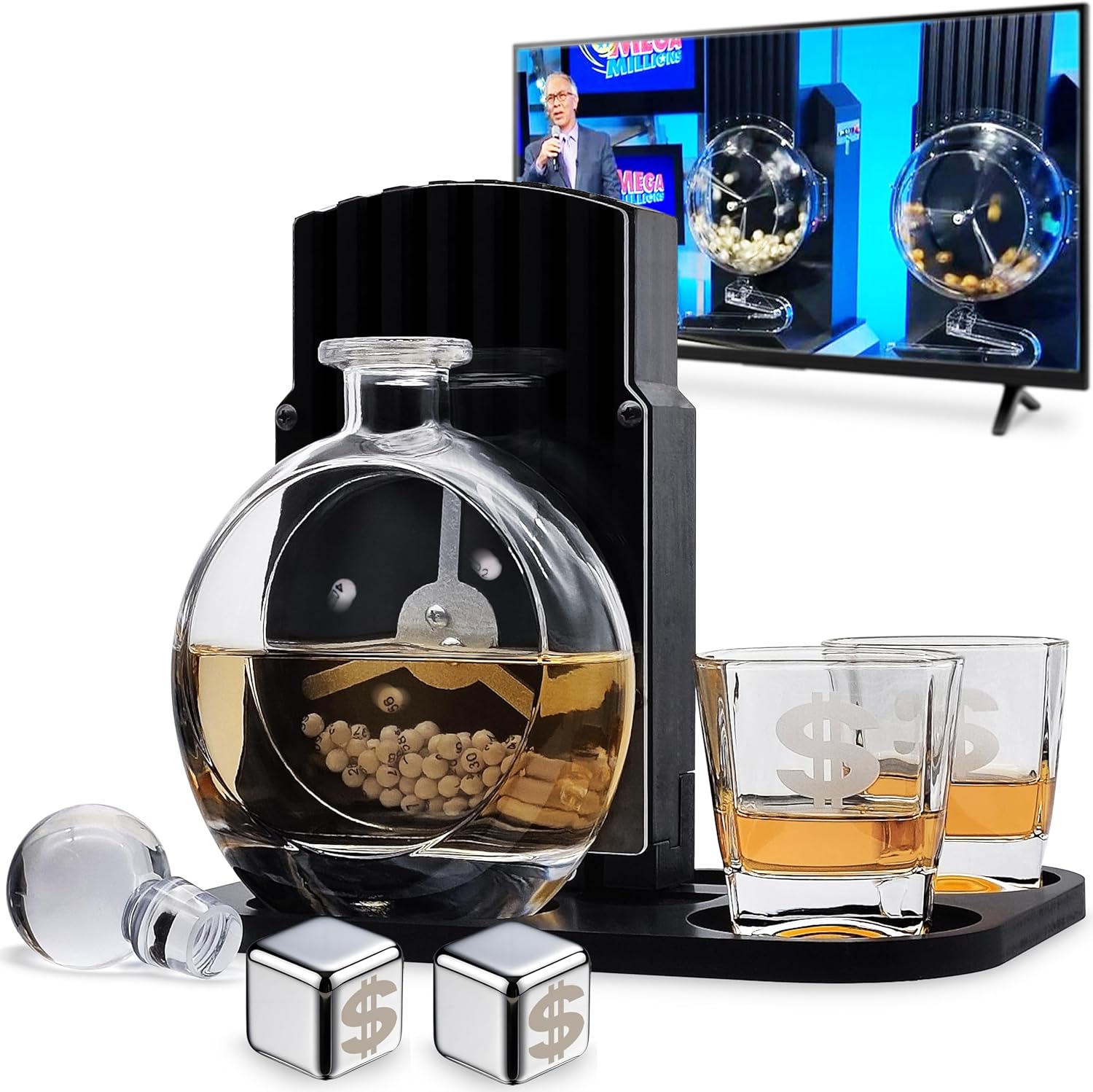 Lottery Whiskey Decanter Set with Number Picker for Winning MegaMillions & Powerball,Tray,2 Chiller&8.5oz Glasses, 23.7oz Whiskey Decanter Sets for Men Tequila Liquor Dispenser Bourbon Gifts for Men