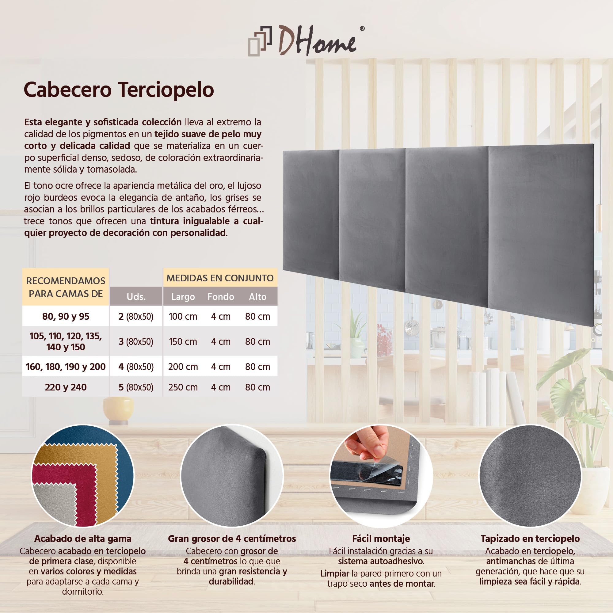 DHOME Cabecero Tapizado Terciopelo Liso Antimanchas Diseño Modular Vertical Autoadhesivo Cabezal Cama Dormitorio Acolchado (Gris, 90cm, Altura 80cm, x2)