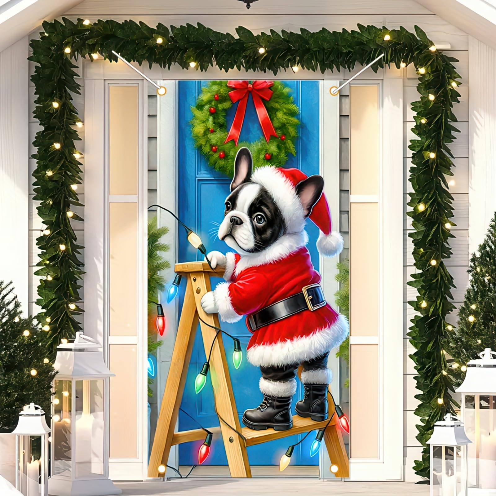 BlissYard Christmas Door Cover Christmas Bulldog Hanging Banner Backdrop Photography Background Dog in Santa Outfit 71x35 Inch Holiday Banner for Front Door Decoration Festive Indoor and Outdoor Decor