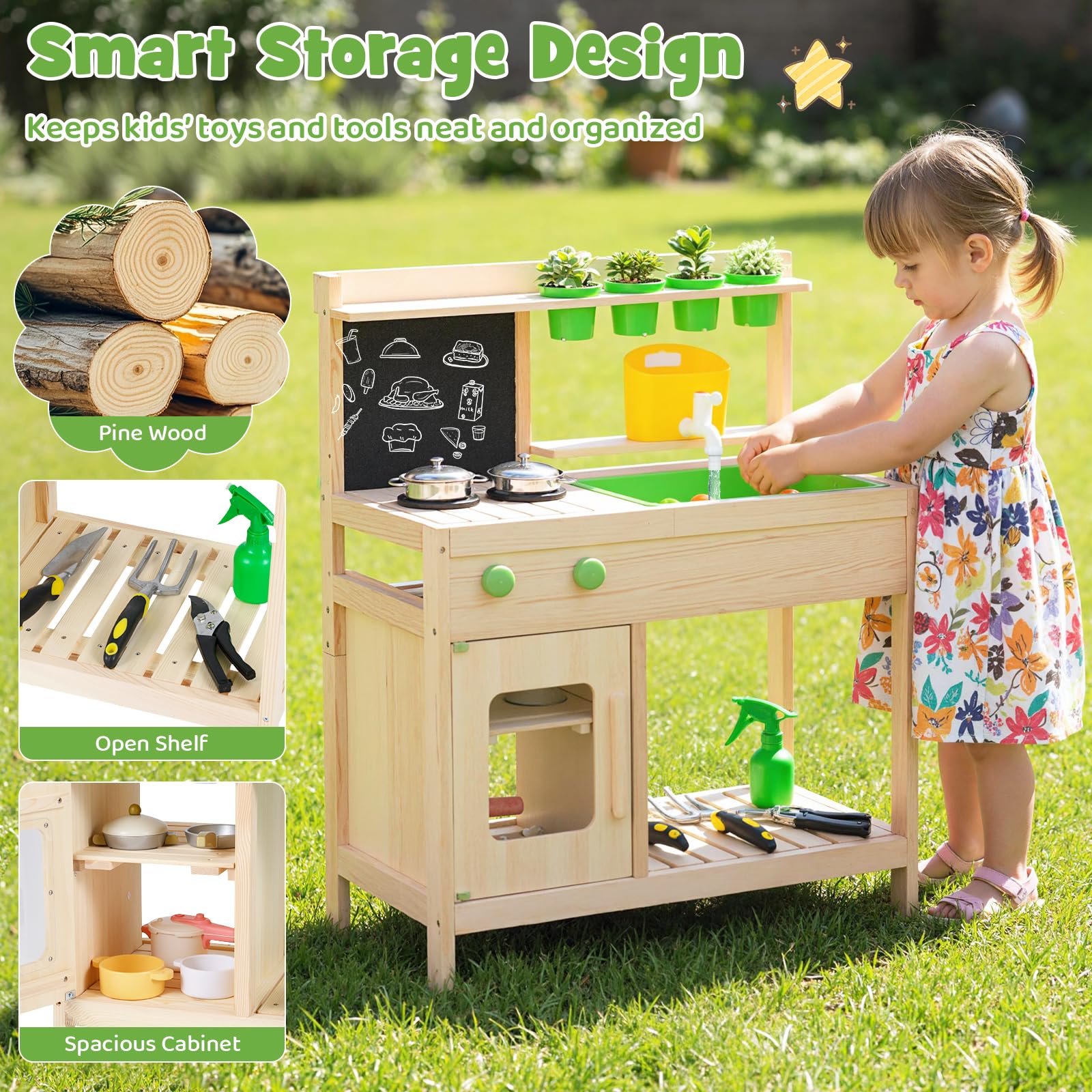 FANTASK Massivholz Matschküche Outdoor, Mit Kreidetafel, Herd & Zubehör, Gartenküche für Kinder ab 3 Jahren, Natur, Grün