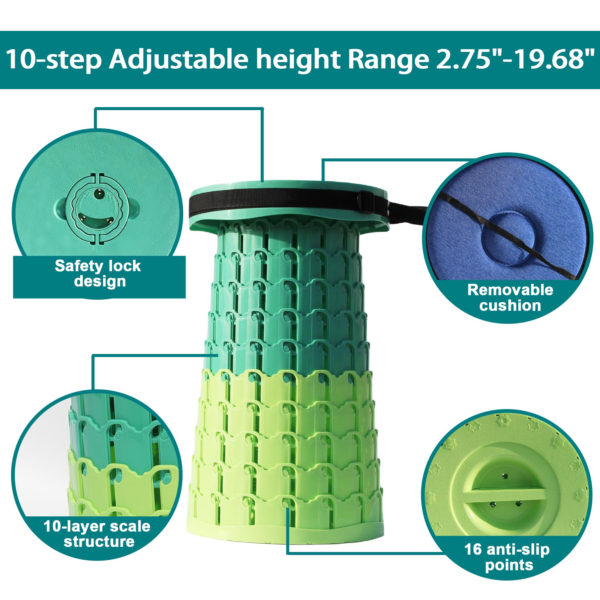 ALEVMOOM XL Sgabello Pieghevole Portatile, Sgabello Telescopico Portatile Con Cuscino Regolabile Sgabello da Campeggio per Pesca Campeggio Escursione Trekking Interna, Carico Massimo 450kg (Verde)