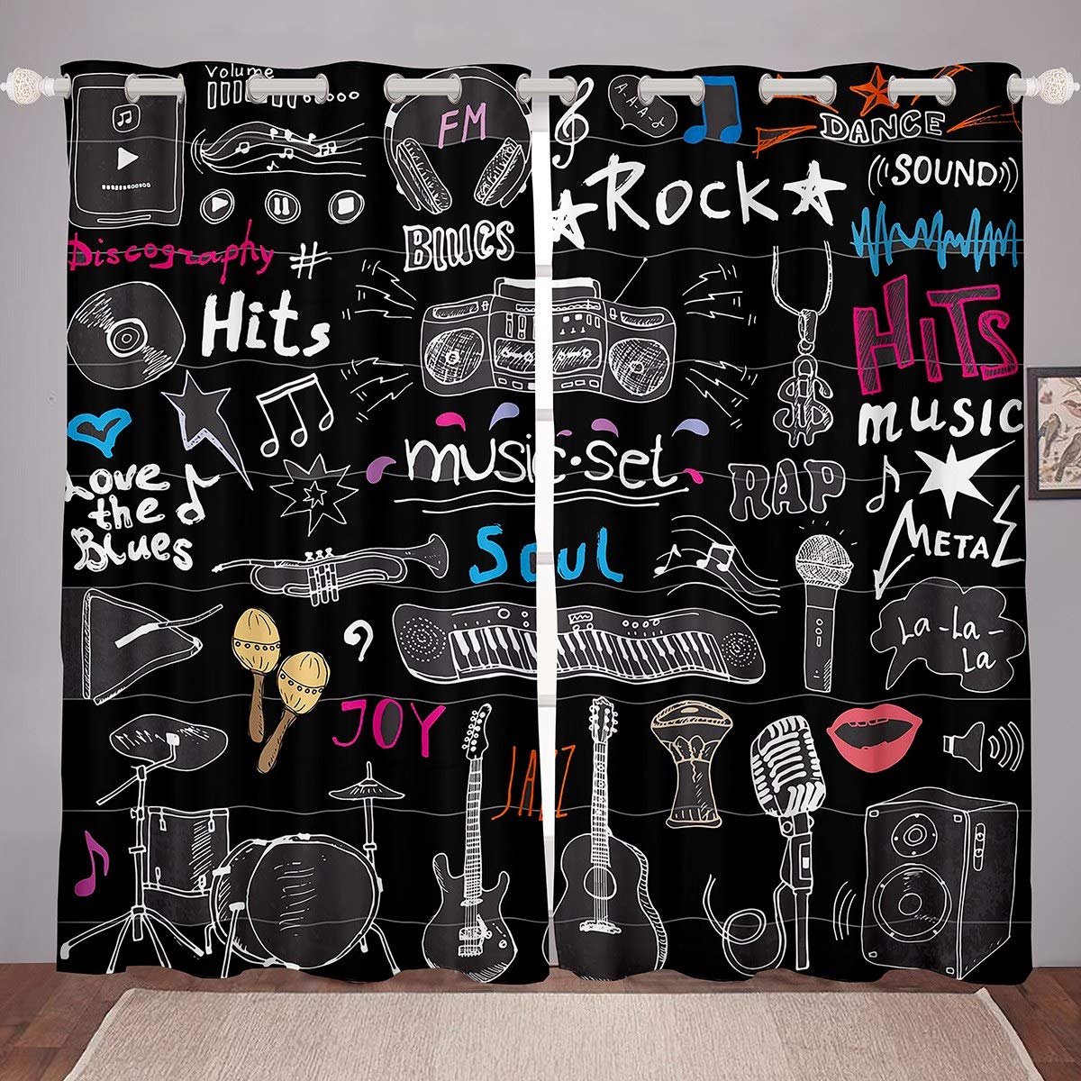 hippie graffiti per camera da letto, soggiorno, musica rock, a tema per rap blues hip hop finestre tendaggi chitarra microfonocamera W66 * L90