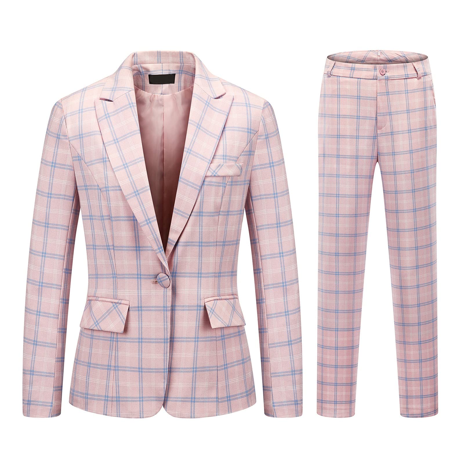 Womens 2 Piece Plaid Suits Set Business Office One Button Blazer Jacket Casual Long Sleeve Pant Suit Set