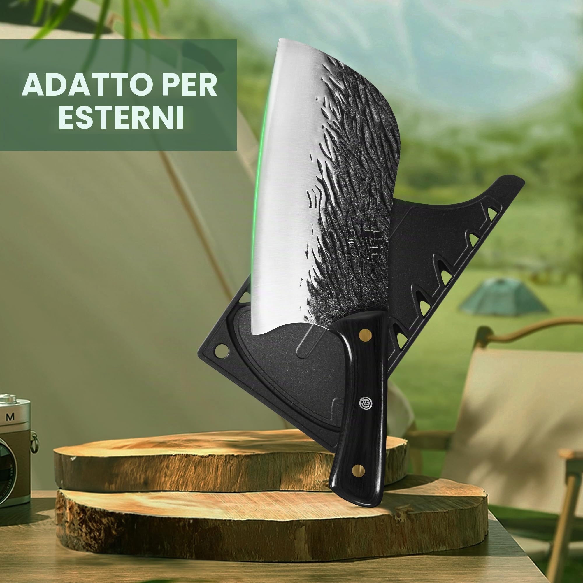 FULLHI Coltello da cuoco manico in legno Tang Butcher Knife con fodero 2pcs, coltello da cucina per esterni, campeggio barbecue (Nero, Coltello da cuoco serbo)