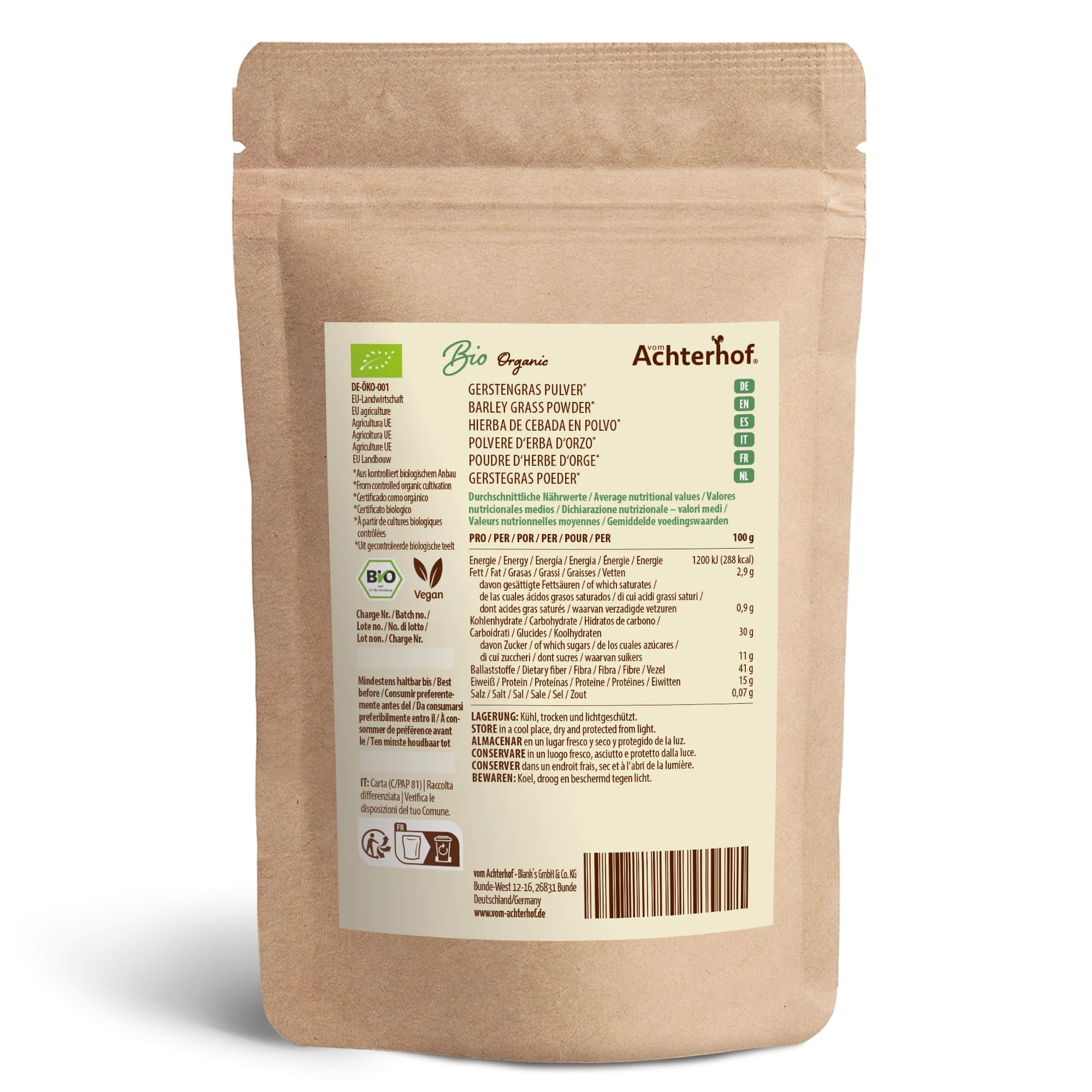 Erba d'orzo in polvere BIO (500g) | Da coltivazione tedesca | Qualità alimentare grezza | Residui controllati | vom-Achterhof