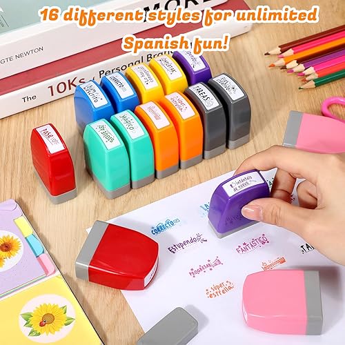 Vista 11 de Jetec 16 sellos autoentintados para profesores españoles, regalos para profesores, sellos de calificación de motivación para suministros de Redonda