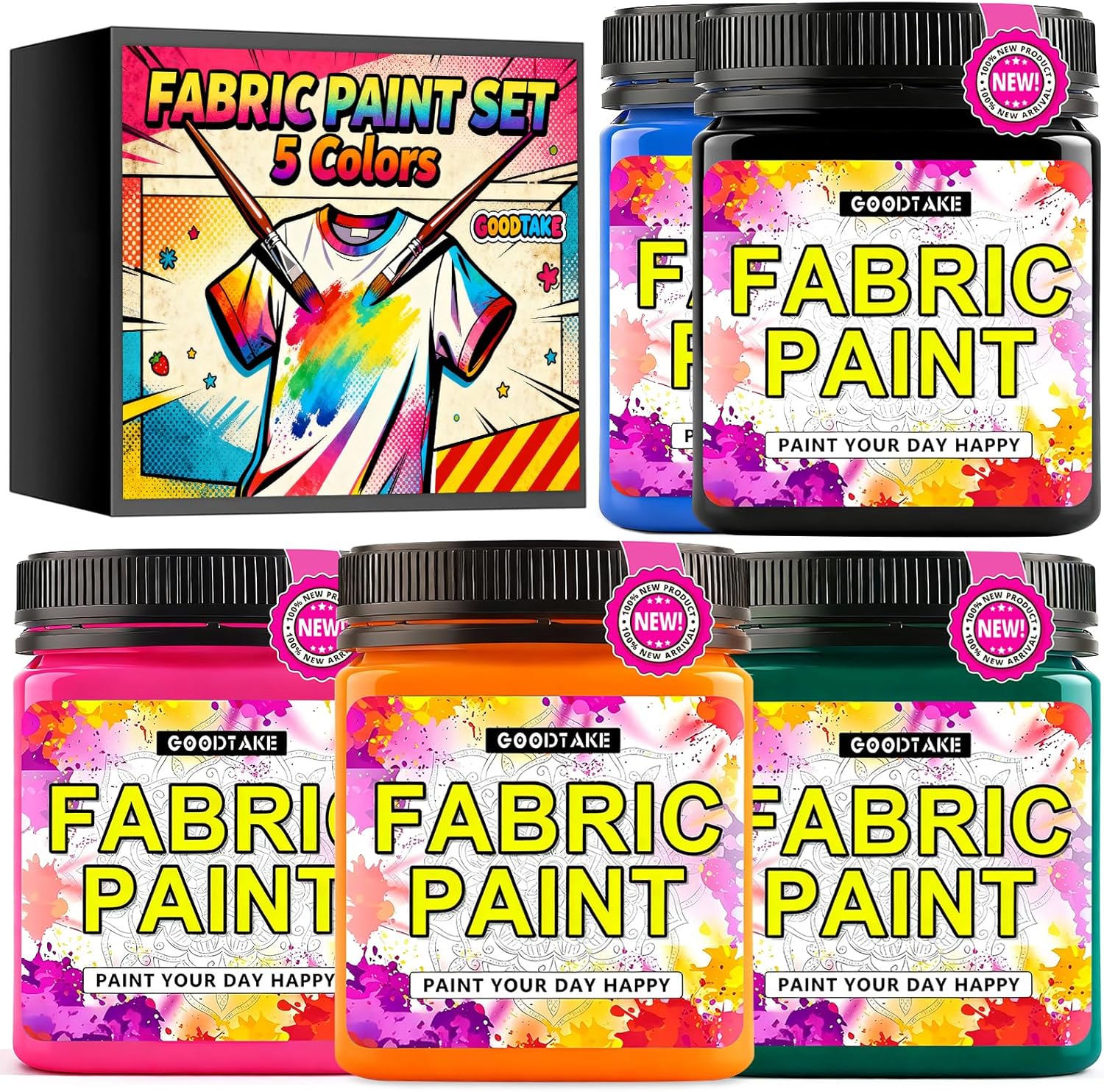GOODTAKE Fabric Paint Set of 5 Colors - 250ml (9 Fl Oz) Each Bottle - Permanent Acrylic Paint for Fabric & Clothes - Vivid Pink, Green, Black, Orange, Sky Blue for DIY T-Shirts, Jeans & Textile Art